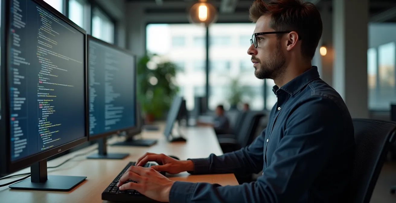 Portrait professionnel d'un entrepreneur technologique québécois travaillant sur du code dans un bureau moderne
