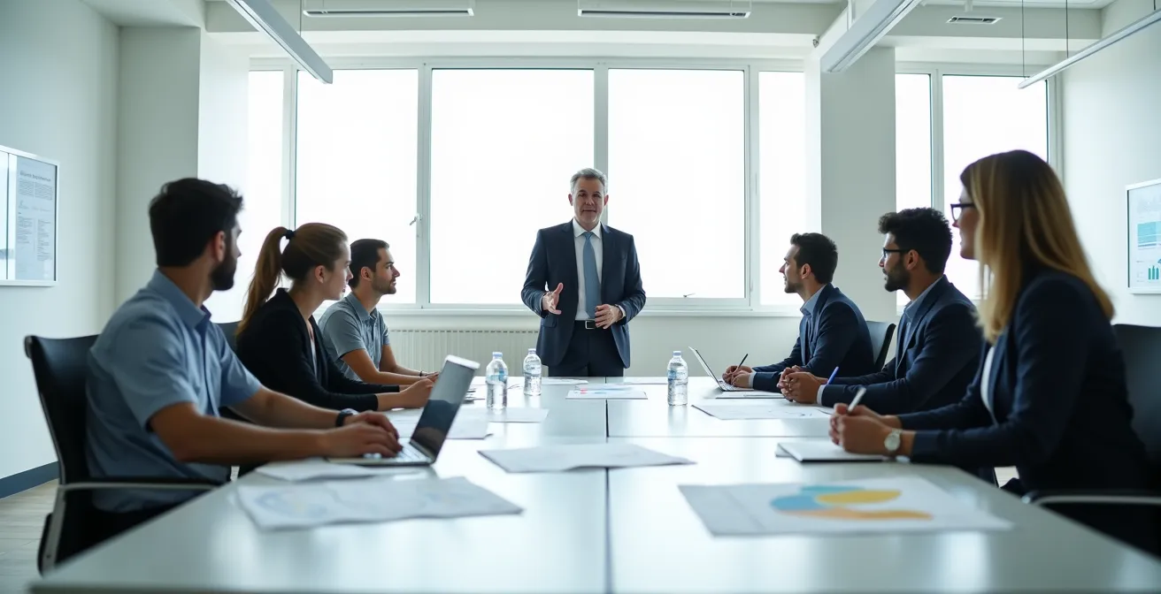 Superviseur animant une séance d'analyse d'incident avec son équipe autour d'un tableau blanc