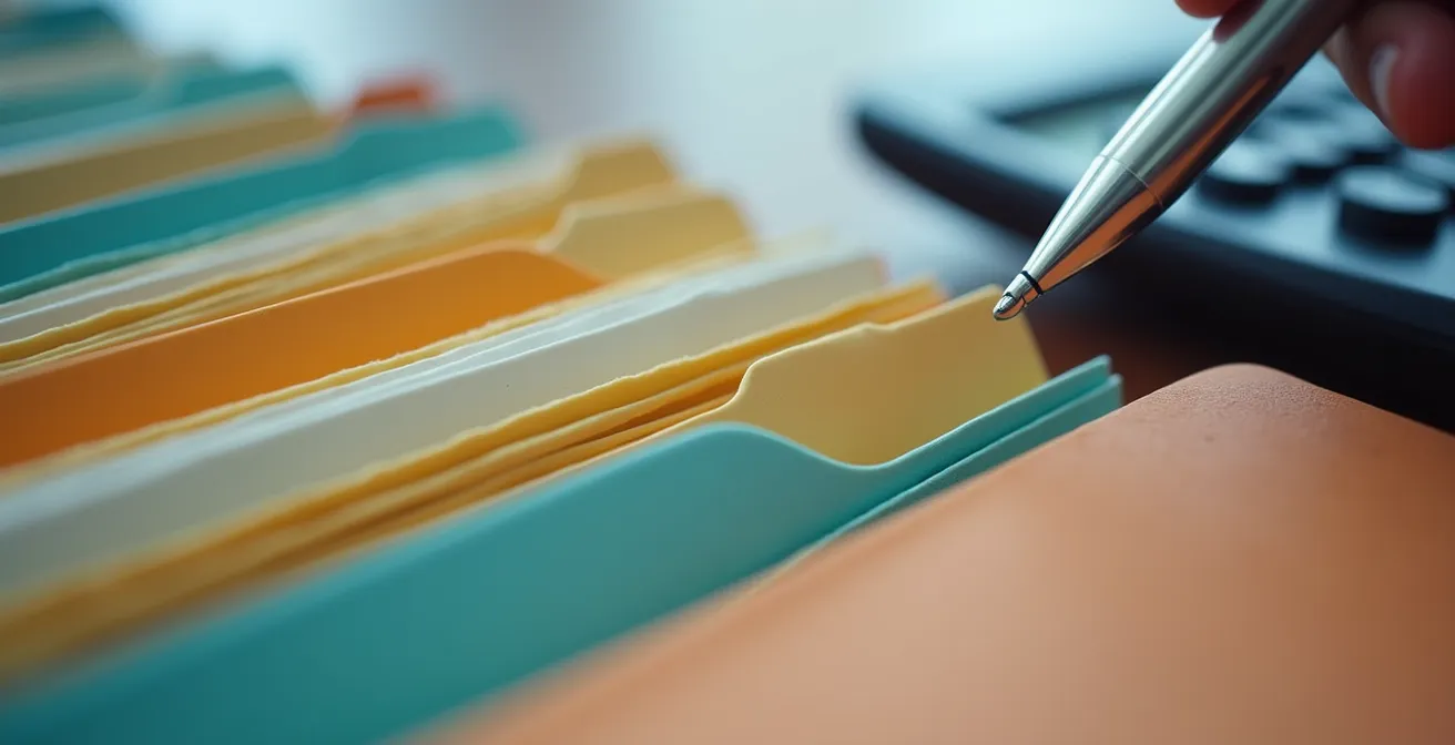 Bureau avec dossiers médicaux flous et calculatrice suggérant l'analyse des coûts partagés