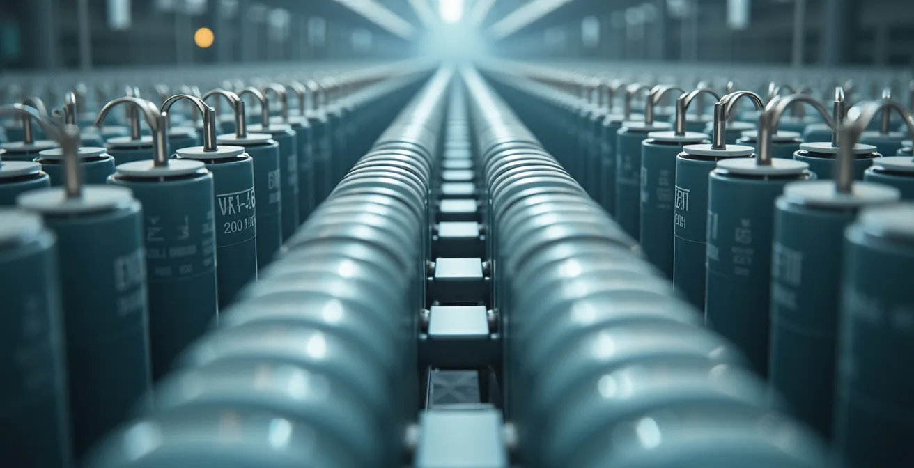 Vue symétrique d'une rangée de condensateurs industriels dans une sous-station électrique