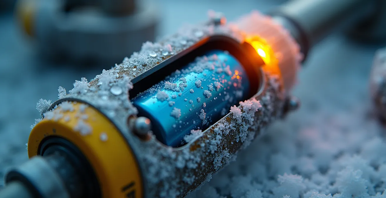 Gros plan sur un capteur IoT industriel avec batterie visible dans un environnement givré