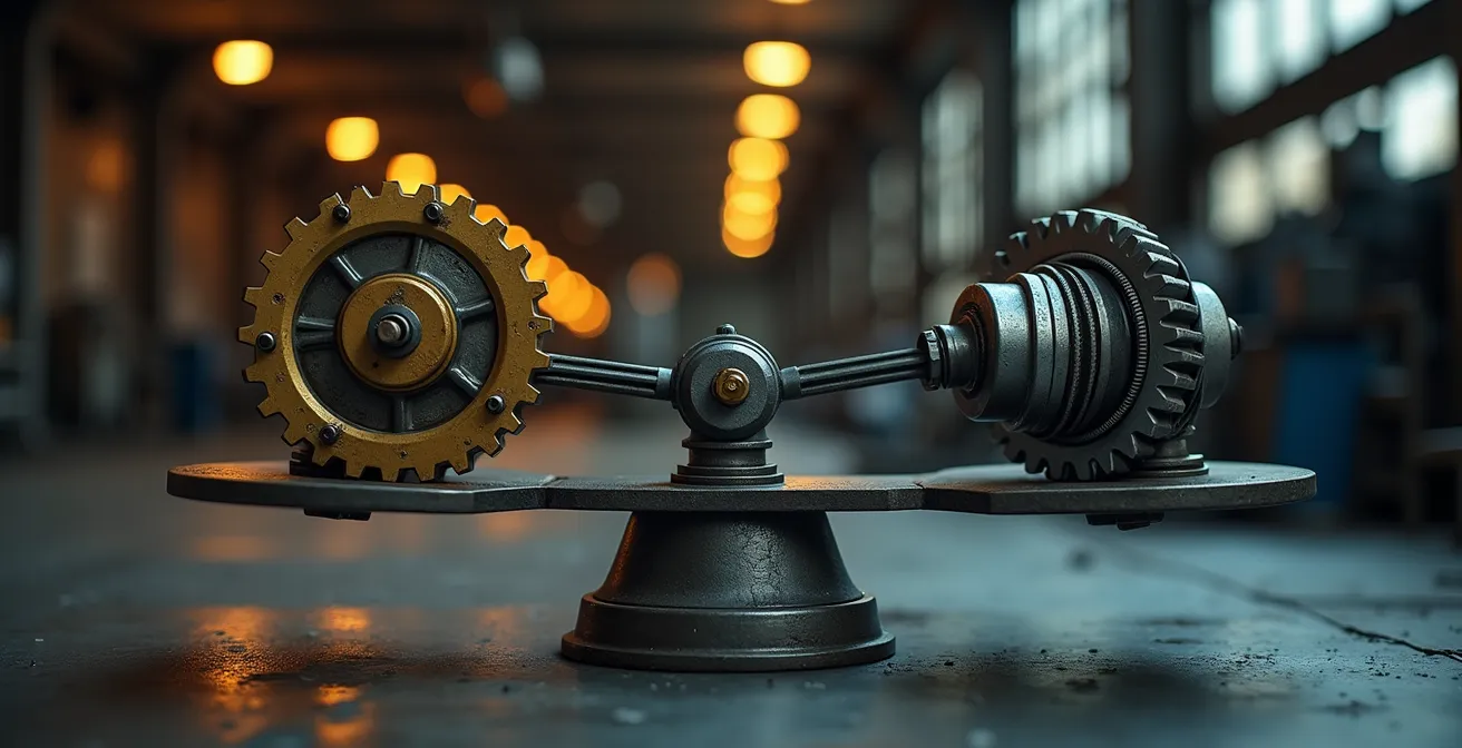 Composition symbolique montrant une balance industrielle déséquilibrée avec des engrenages anciens et modernes