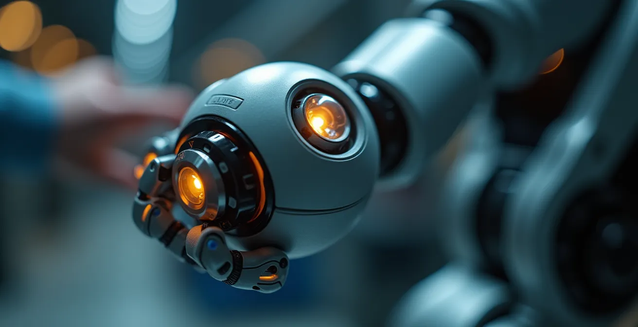 Gros plan sur les capteurs de sécurité d'un cobot détectant la proximité humaine