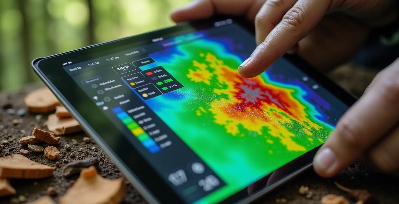 Visualisation 3D de données LiDAR montrant la topographie forestière et les zones de récolte de biomasse