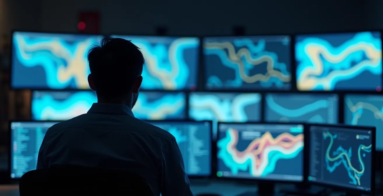 Salle de contrôle moderne avec murs d'écrans affichant des cartes et données logistiques abstraites
