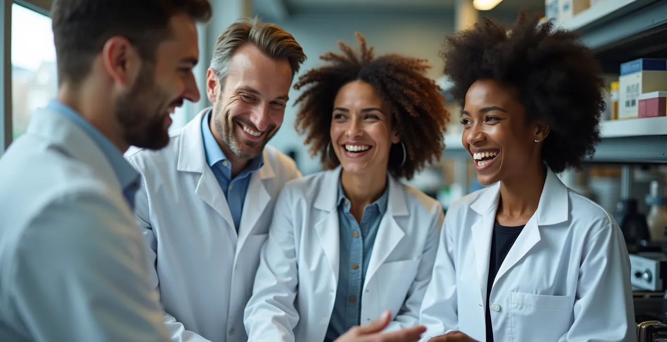 Équipe de recherche universitaire collaborant autour d'un projet technologique dans un laboratoire québécois