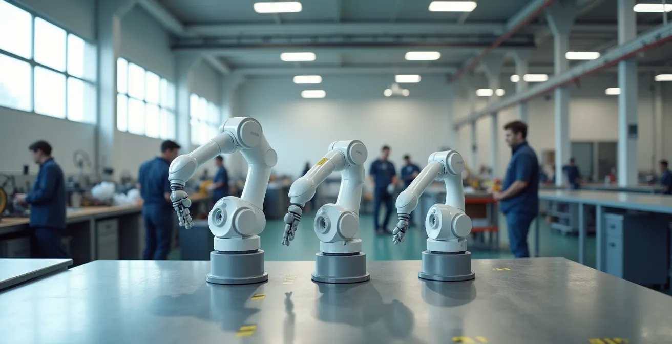 Comparaison visuelle de différentes tailles de cobots dans un atelier manufacturier au Québec