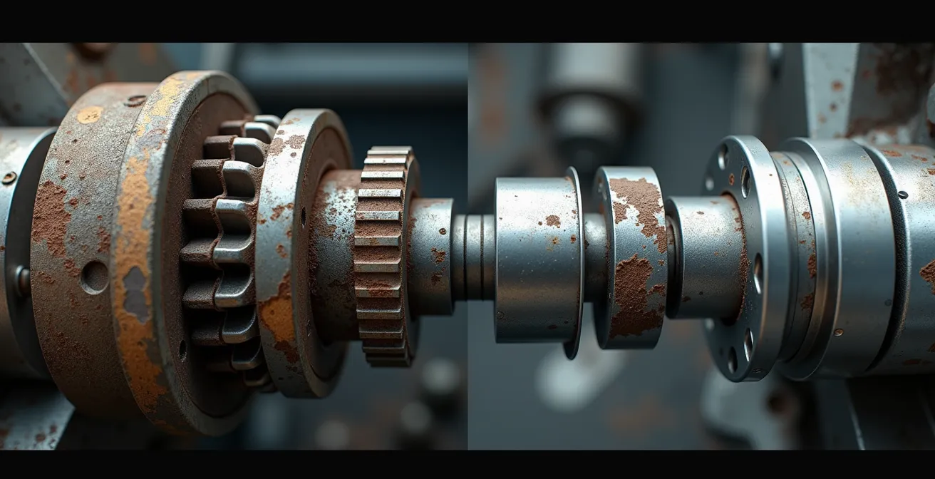 Gros plan détaillé montrant la différence entre composants usés d'une ancienne CNC et mécanismes précis d'une machine moderne