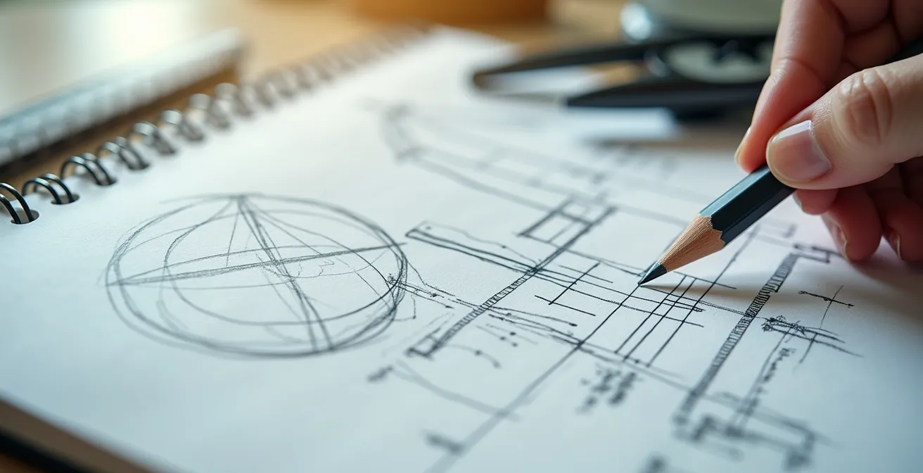 Gros plan sur carnet de laboratoire ouvert montrant des schémas techniques et annotations manuscrites détaillées