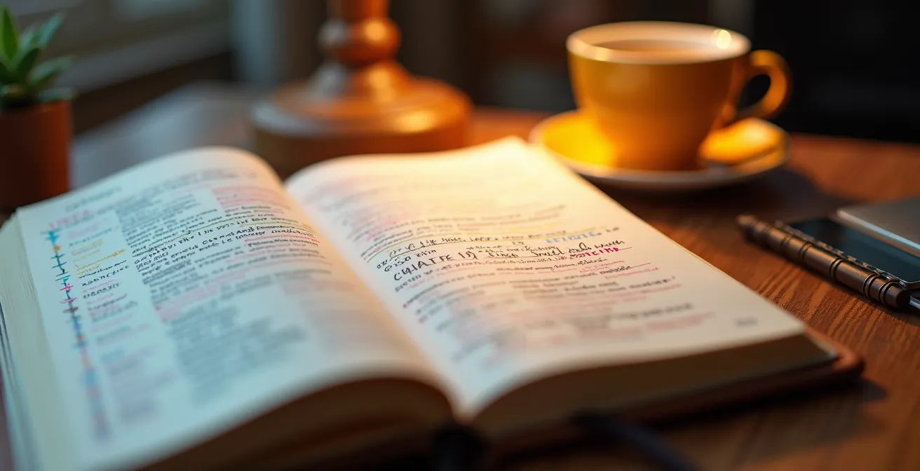 Vue macro d'un agenda de travail avec annotations détaillées sur un bureau en bois