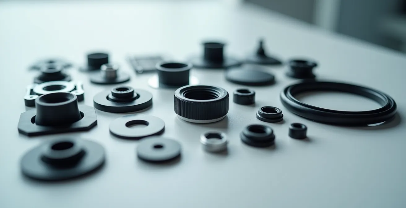 Vue macro de composants d'un produit industriel démonté montrant la séparation des matériaux pour recyclage