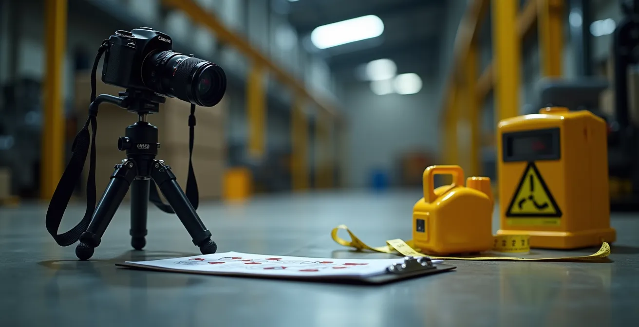 Scène d'enquête sur un lieu de travail avec caméra et formulaires flous en arrière-plan