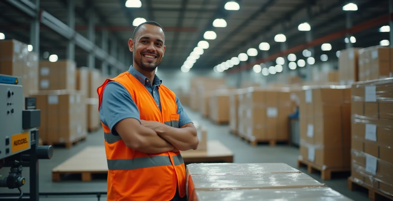 Vue large d'un entrepôt québécois moderne avec équipement d'emballage automatisé