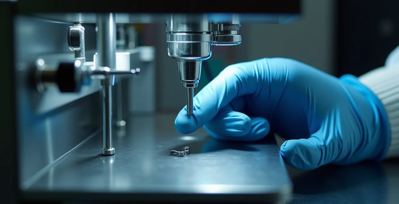 Vue macro d'une main manipulant un équipement de laboratoire de précision avec détails techniques visibles