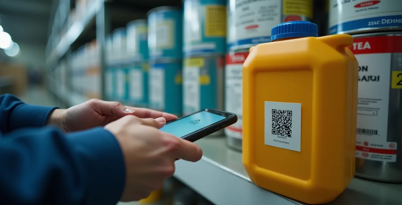 Main scannant un code QR sur un contenant industriel avec affichage de pictogrammes de sécurité simplifiés