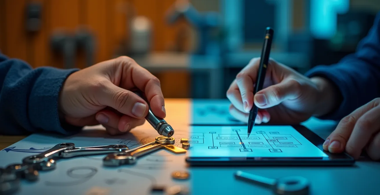 Opérateur apprenant la maintenance d'un cobot avec formateur dans un centre de formation technique