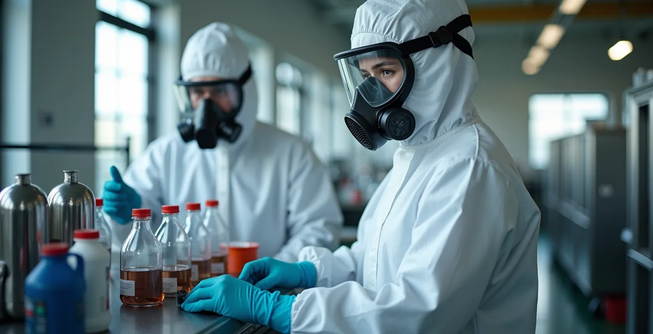 Techniciens en formation pratique manipulant des équipements de sécurité dans un environnement industriel contrôlé