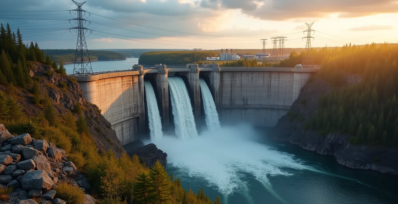 Barrage hydroélectrique québécois alimentant une aluminerie moderne dans un paysage nordique