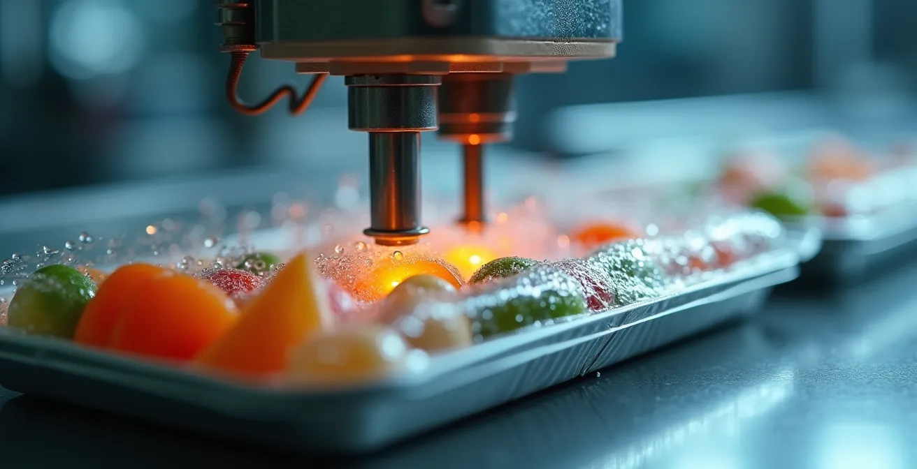 Operculeuse compacte en action dans un atelier de production alimentaire avec barquettes et film barrière