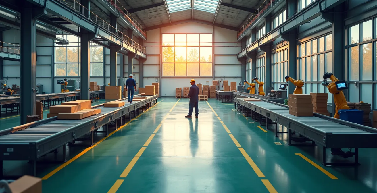 Vue aérienne d'une ligne de production montrant les zones critiques d'automatisation dans une PME manufacturière