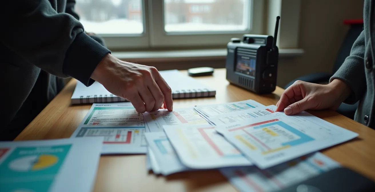 Bureau avec documents d'urgence laminés et équipement de communication d'urgence