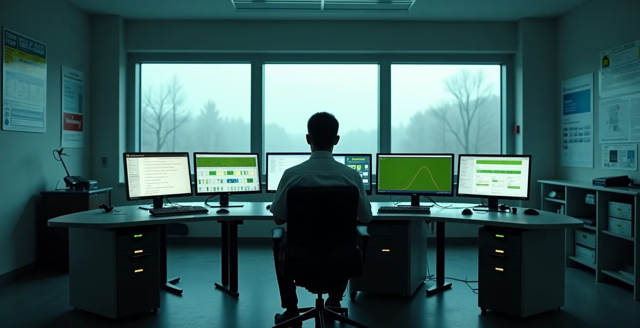 Salle de contrôle industrielle moderne avec opérateur surveillant des écrans sans alarmes excessives