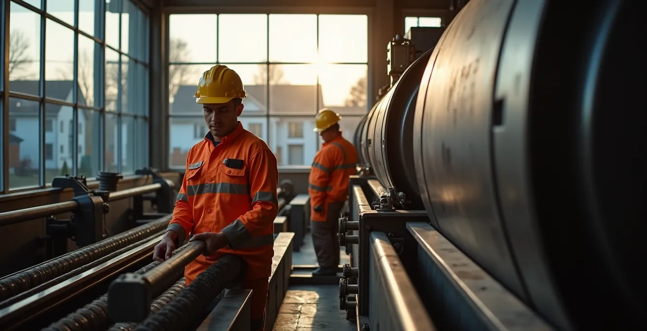 Installation industrielle québécoise avec système de réduction du bruit intégré et espaces verts tampons