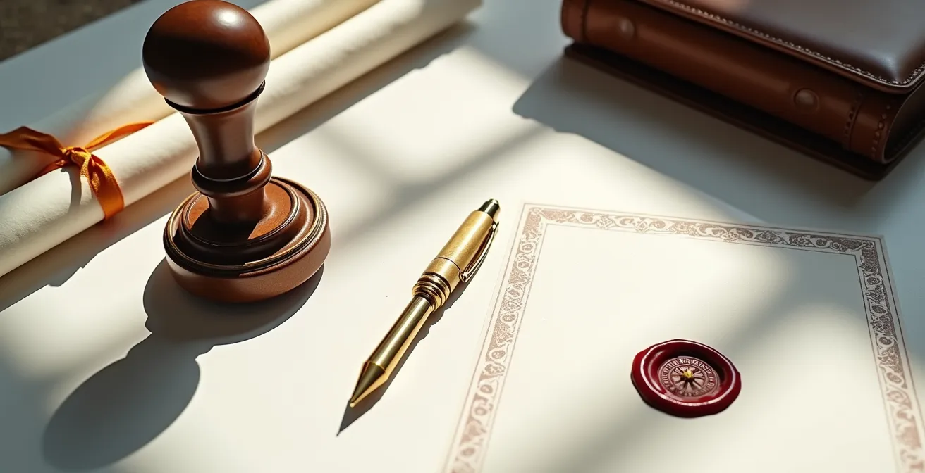 Espace de travail minimaliste avec documents de propriété intellectuelle et sceau officiel
