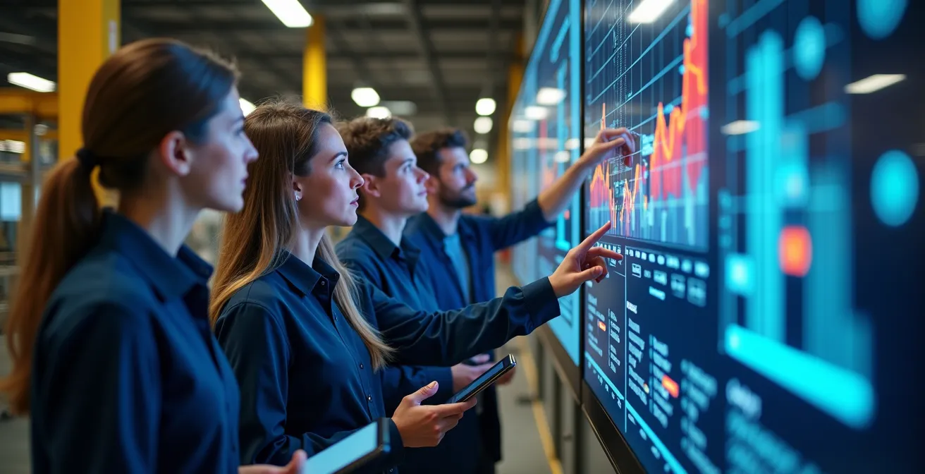 Employés québécois consultant un tableau de bord visuel interactif dans un environnement manufacturier