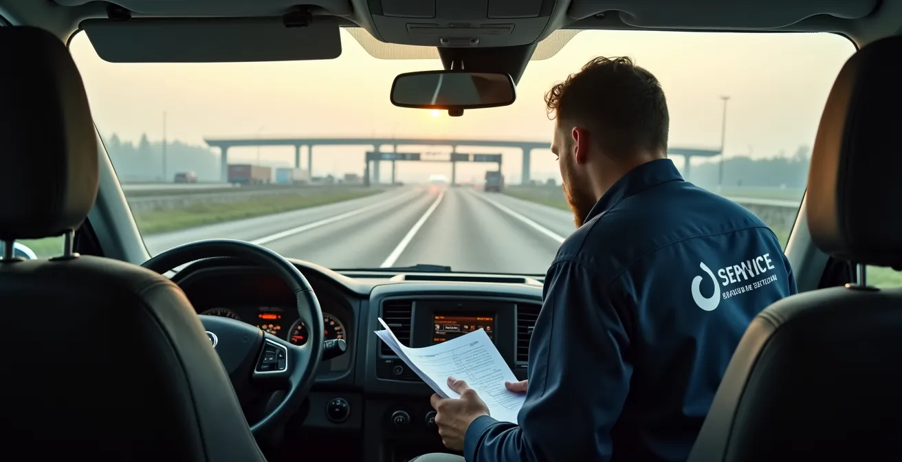 Technicien québécois préparant ses documents de voyage dans un véhicule de service près du poste frontalier
