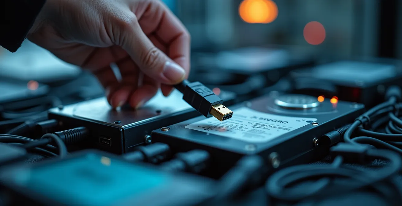 Technicien informatique testant la restauration de données dans un environnement isolé sécurisé