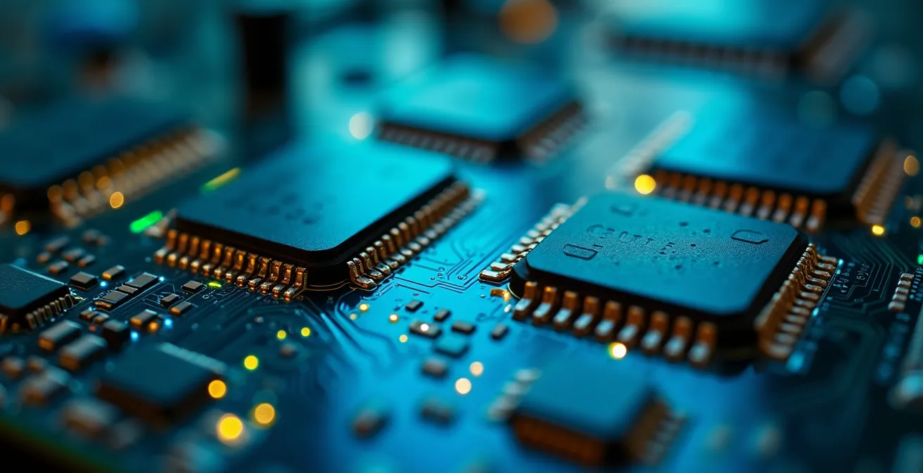 Macro détaillée de circuits électroniques avec flux de données lumineux représentant la transformation numérique