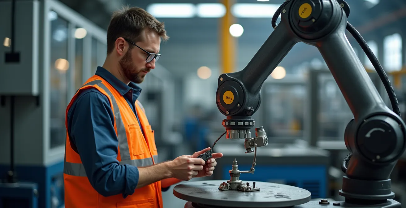 Portrait d'un opérateur industriel travaillant en collaboration avec un bras robotique dans un environnement de production moderne