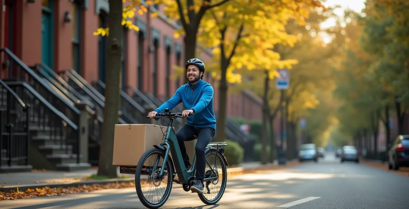 Vélo cargo électrique en livraison dans une rue du Plateau Mont-Royal à Montréal