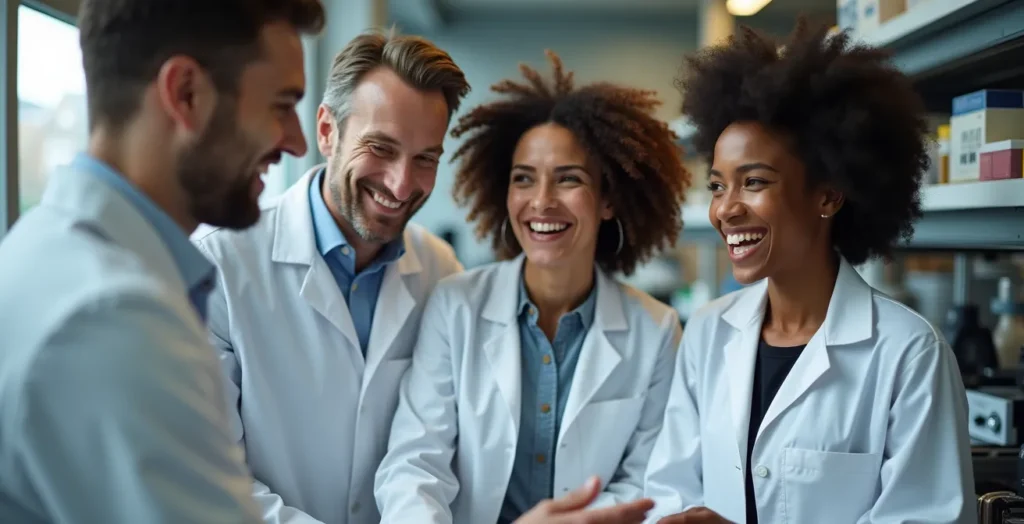 Équipe de recherche universitaire collaborant autour d'un projet technologique dans un laboratoire québécois Équipe de recherche universitaire collaborant autour d'un projet technologique dans un laboratoire québécois